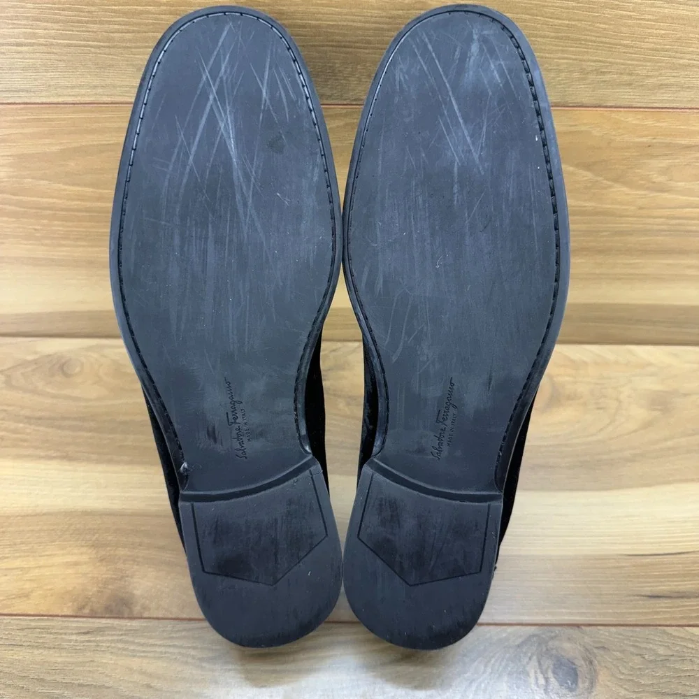 Salvatore Ferragamo Gandioso Black Velvet Loafer Men 10 E Ornament Formal Luxury